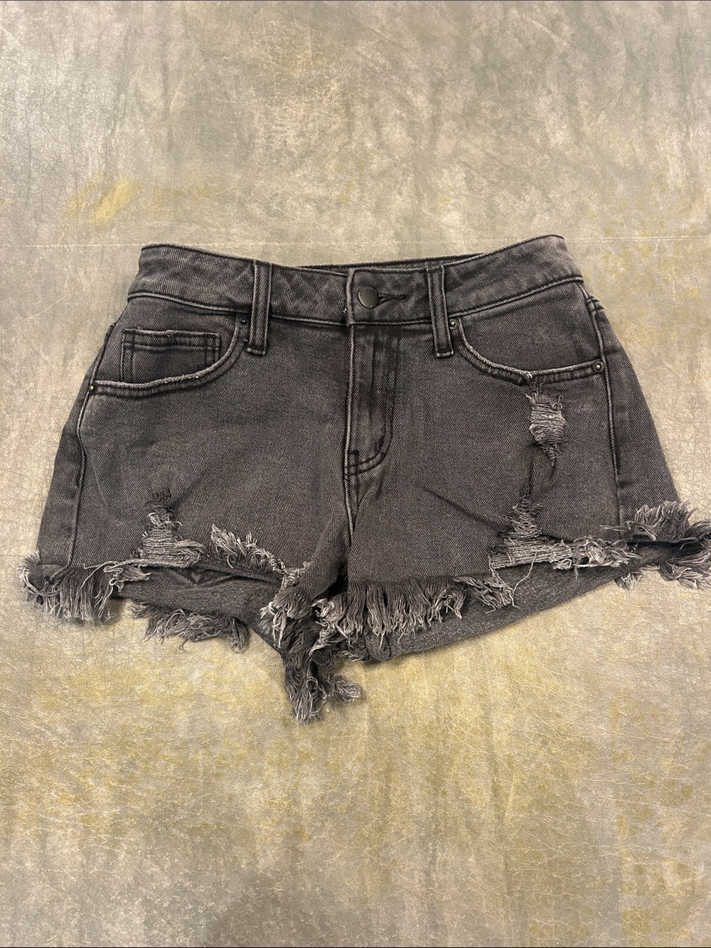 L.T.J Letter to Juliet Frayed Hem Denim Shorts Acid Black Distressed